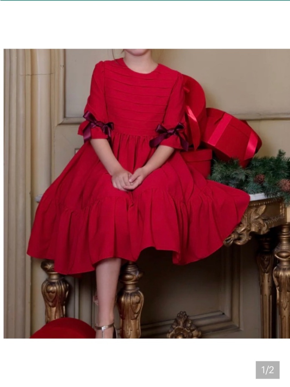 Red Ribbon-Trim Formal Girls' Dress